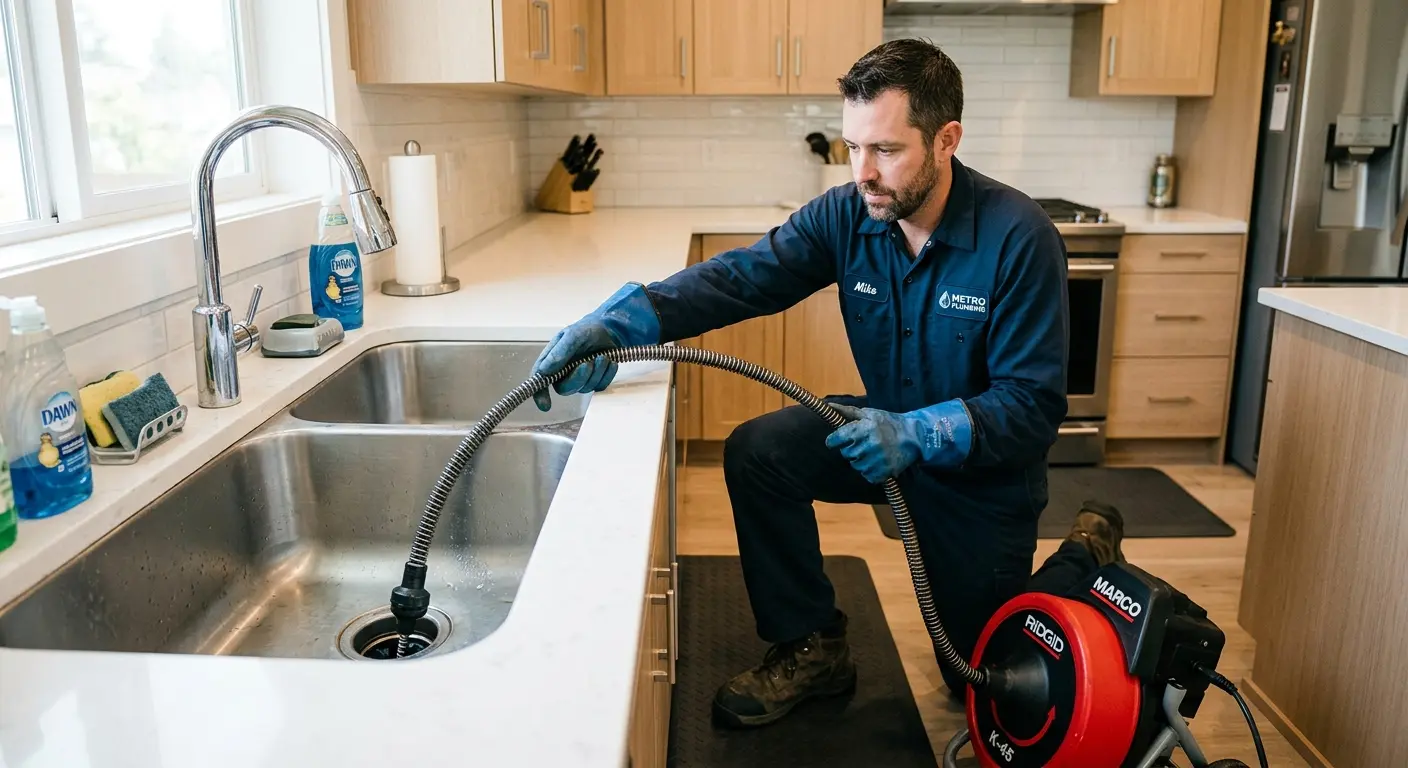 Drain cleaning technician using a motorized snake on a kitchen sink in Wood River