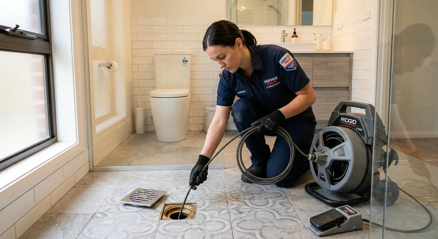 Technician clearing a bathroom floor drain for Drain Cleaning in Wood River